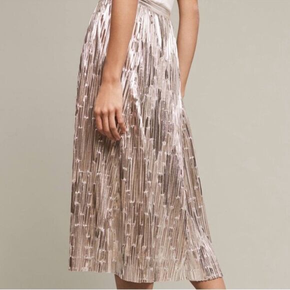 ANTHROPOLOGIE MAEVE Eclat Micro-pleated Metallic Midi Skirt Silver Women’s 8 - Picture 2 of 7
